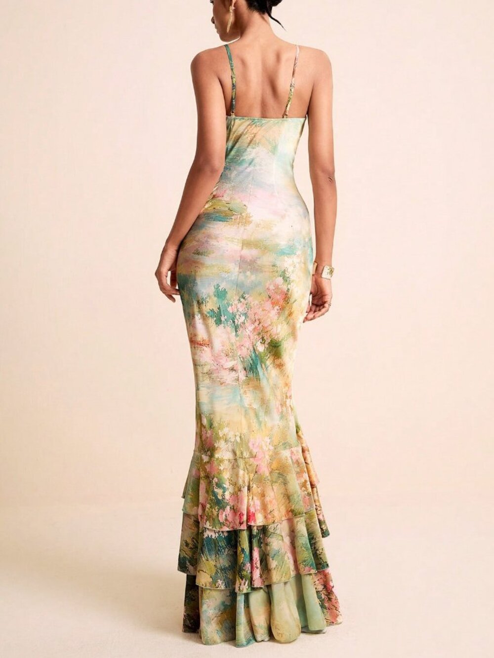 Multicolor Elegant Women's V-Neck Spaghetti Strap Fitted Ruffle Hem maxi Dress - Picture 2 of 9